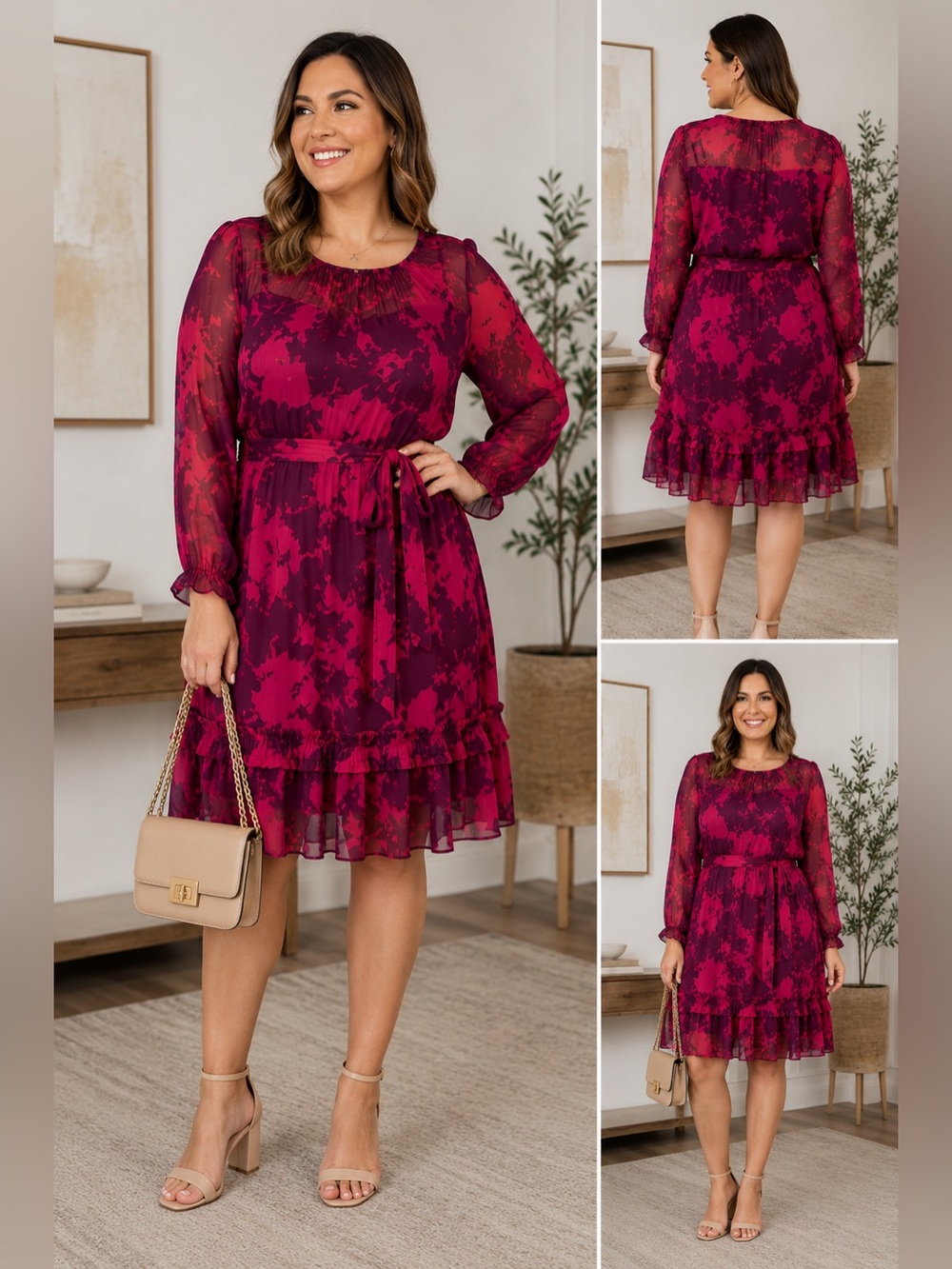 Simply Vera Wang Fuschia Burgundy Floral Chiffon Belted Dress